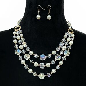 3 Row AB Glass & Pearl Necklace Earrings Set
